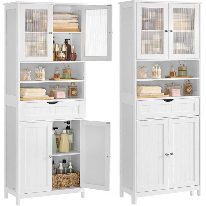 Meuble de Rangement Armoire de Salle de Bain avec Étagères Réglables Tiroir Compartiments Ouverts pour Salle de Bain Salon