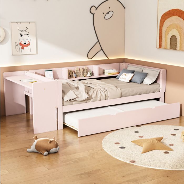 WOVREO lit combiné enfant 90x200 cm avec lit gigogne 90x180 bureau intégré et 3 étagères rose