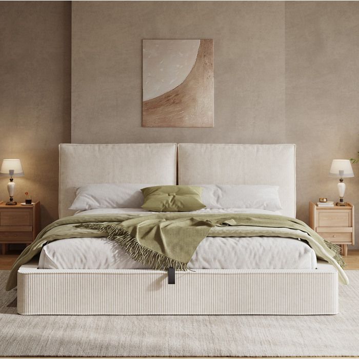 Lit Double 180x200cm En Cord Beige Lit Coffre Hydraulique FloraGrace Pour Chambre Adulte Sommier A Lattes Inclus 231x196x105cm