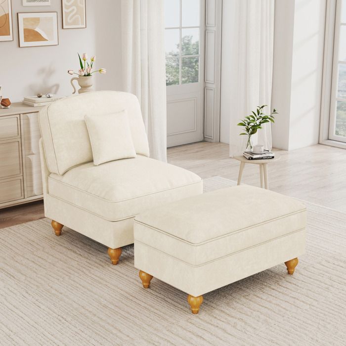 Fauteuil avec pouf 1 place housse à volant amovible - ELVMI - coussin mobile chenille blanc