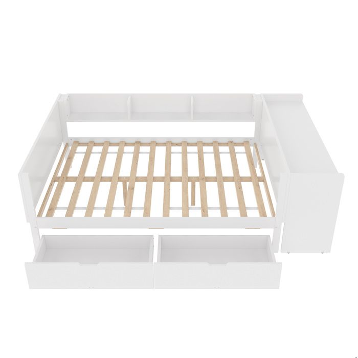ELVORIN Lit combiné 140 x 200 cm avec bureau 2 tiroirs 3 étagères lit double sans matelas blanc