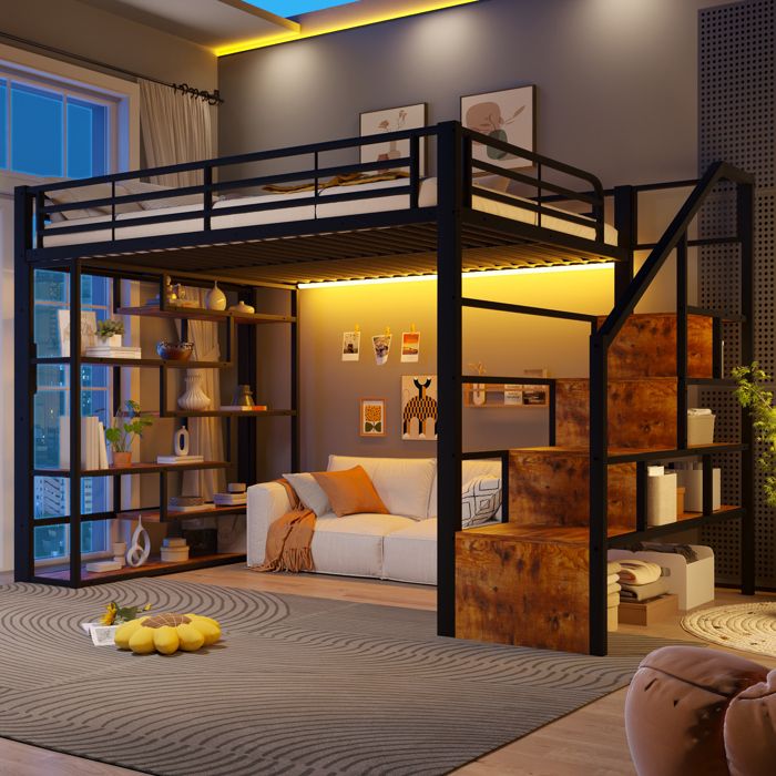 Lit Mezzanine 2 Places 140x200 cm LED Multicolore par App Marches avec Rangements Étagères Garde-Corps Métal et MDF - Noir