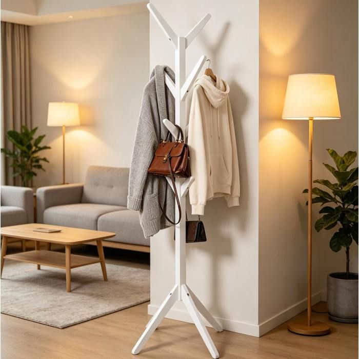 Porte-manteau sur pied AESVAR 8 crochets 43 x 43 x 180 cm en bois blanc design moderne