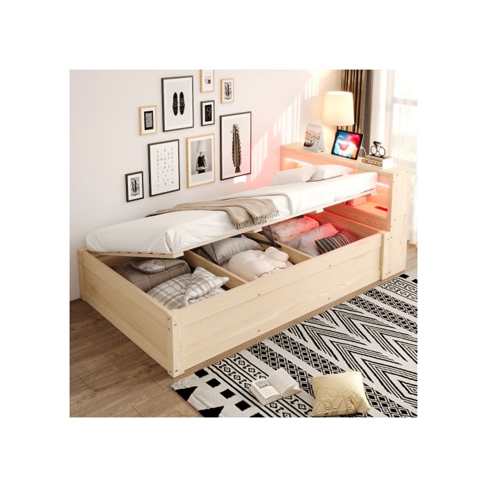 Lit Coffre - WESTYLE - 90x200 - Bois massif (pin) - LED multicolore & prises intégrées - Sommier hydraulique grand rangement