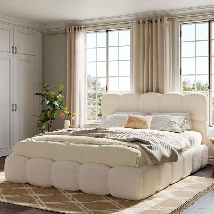 Lit Coffre 180 x 200 cm en Bouclé Blanc Sommier Relevable Tête de Lit Rembourrée et Grand Rangement Lit Coffre 180 x 200 cm en Bouclé Blanc Sommier Relevable Tête de Lit Rembourrée et Grand Rangement