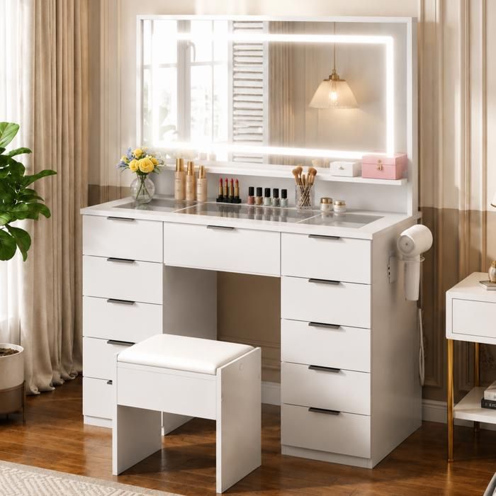 Mondeer - Coiffeuse avec miroir LED et tabouret - 11 tiroirs plateau verre prise+USB luminosité réglable - Blanc 108x37 5x140 cm