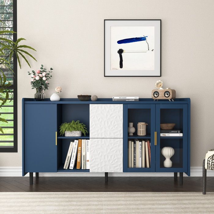 Buffet de cuisine - FUNMOON - Funmoon - 140 cm - 2 tiroirs - 2 portes vitrées