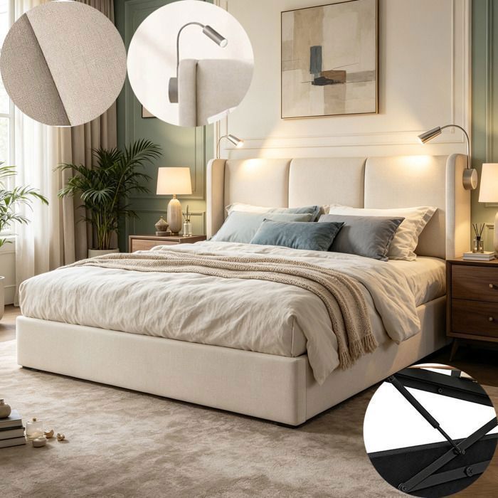 Lit coffre 160x200 cm avec sommier - Tissu lin beige - Tête de lit avec LED et ports USB