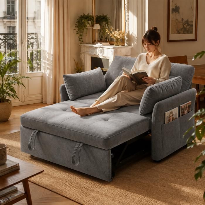 Canapé-lit pliant convertible - AKABER - 3 en 1 - Réglable 5 positions - Avec rangement - Tissu gris - 2 places