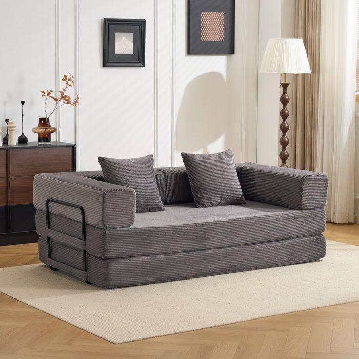 Canapé-lit de sol pliable en velours côtelé gris foncé avec oreillers de soutien lombaire et accoudoirs compact salon et chambre