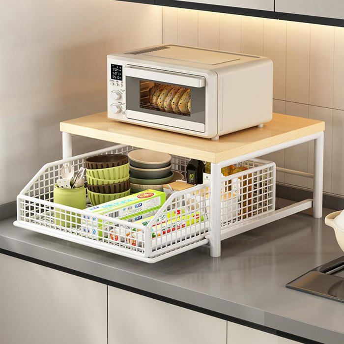 Chariot De Rangement Fixe Pour Micro-Ondes Et hine À Café - Étagère De Cuisine Compacte Avec Tiroir Et Panier  DESSERTE DE CUISINE