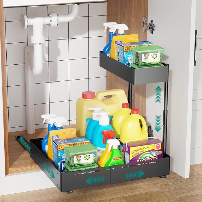 HG Rangement sous Évier Cuisine Étagère Métallique Extensible en Largeur Hauteur Réglable 1 Pièce Noir NOIR MEUBLE SOUS-EVIER