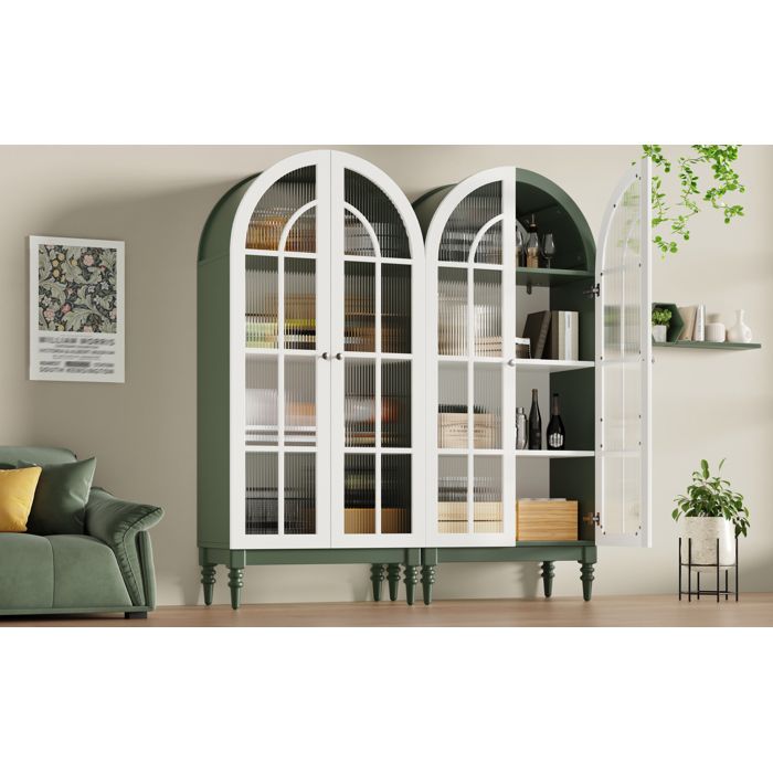 2-set Vaisselier Bogen-Vitrinenschrank 165cm avec portes double vitrées Riffelglas 3 étagères 2 couleurs (Vert foncé + Blanc)