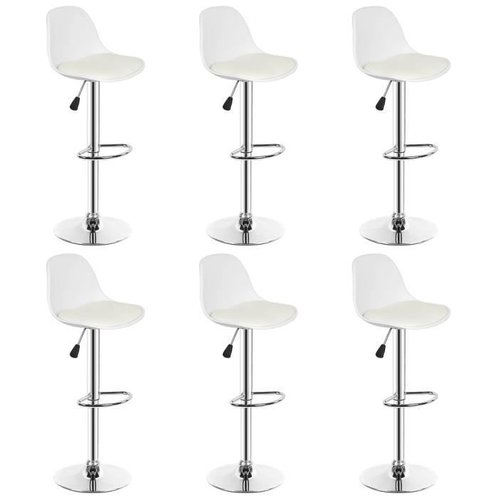 Lot de 6 Tabourets de bar Blanc - Coussin PU - Chaise haute de bar - Réglable en hauteur - Rotation 360°