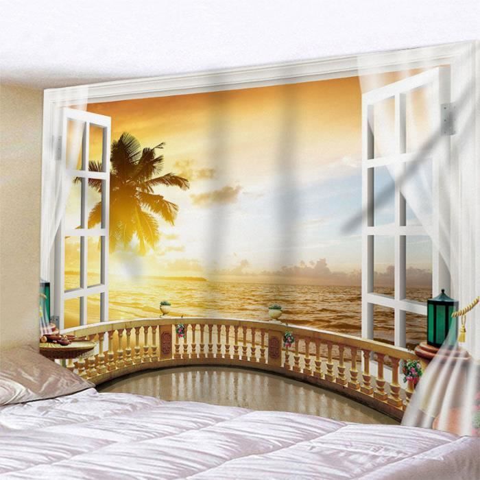 Tenture Murale 130x150 Cm - Fenêtre Vue Sur Mer Avec Mouettes - Impression 3D, Tissu Polyester - Déco Salon/chambre - 9