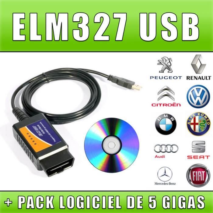 logiciel ELM 327 OBD 2 Avec Cable USB Interface de diagnostique OBD II pour PC 