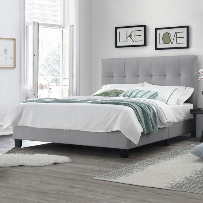 lit double - meubletmoi - pandora - gris - 160x200 cm - tête de lit rembourrée