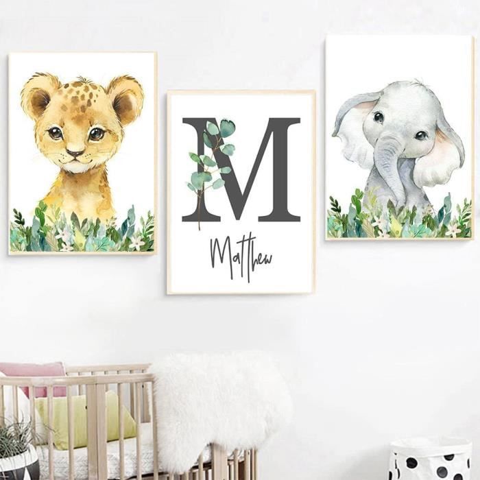 3 Affiche Prenom Enfant Illustration Chambre Bebe Fille Tableau Personnalise Animaux Jungle Lion Elephant Toile Deco A3 Sans Cadre Cdiscount Maison