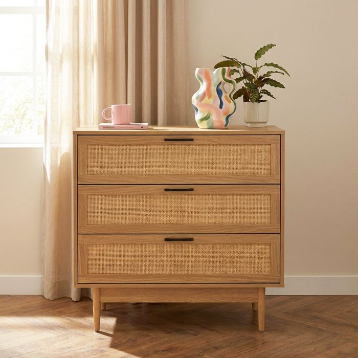 Commode AMANA effet chêne et cannage rotin 3 tiroirs 80cm - Bois