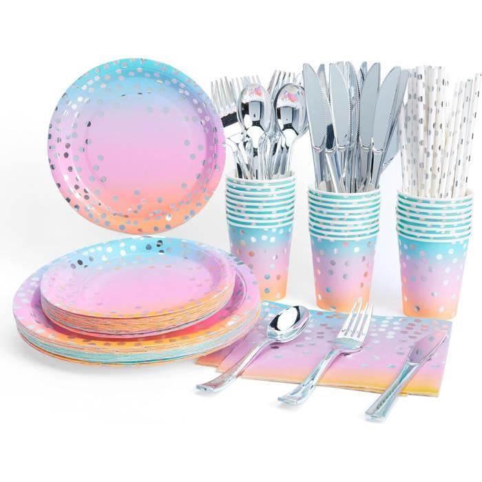 Set Vaisselle Fête Licorne 200 Pièces Vexillic - Pour 25 Invités | Assiettes, Verres, Serviettes Rose