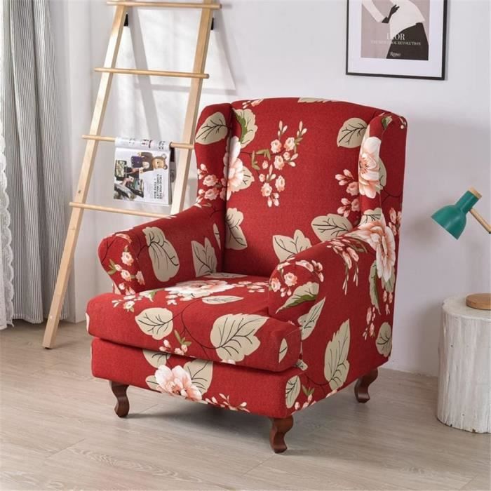 Housse De Fauteuil à Oreilles 2 Pièces - Tissu Stretch Fleuri - Modern - Lavable