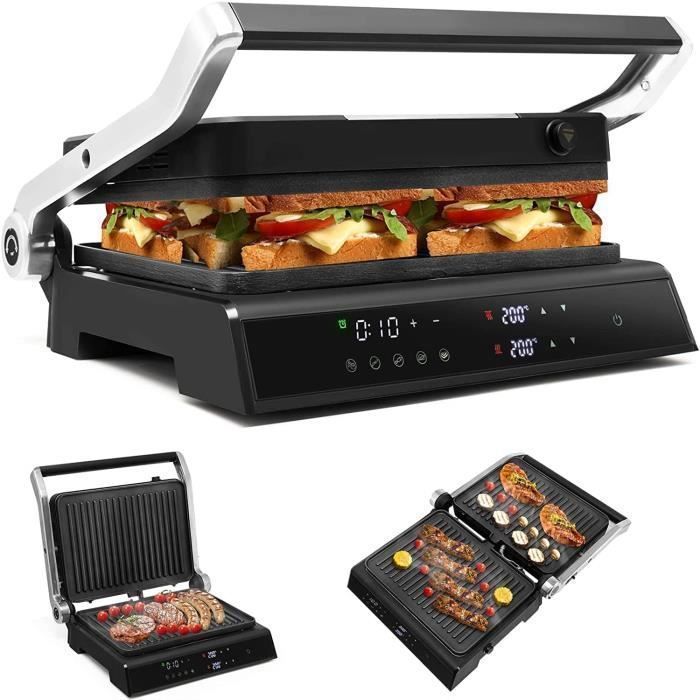 Grill Multifonction Electrique 1200W COSTWAY-Tactile Intelligent-Ouverture à 180°-Minuterie 4H-5 Modes Cuisson-Plaque Antiadhésive