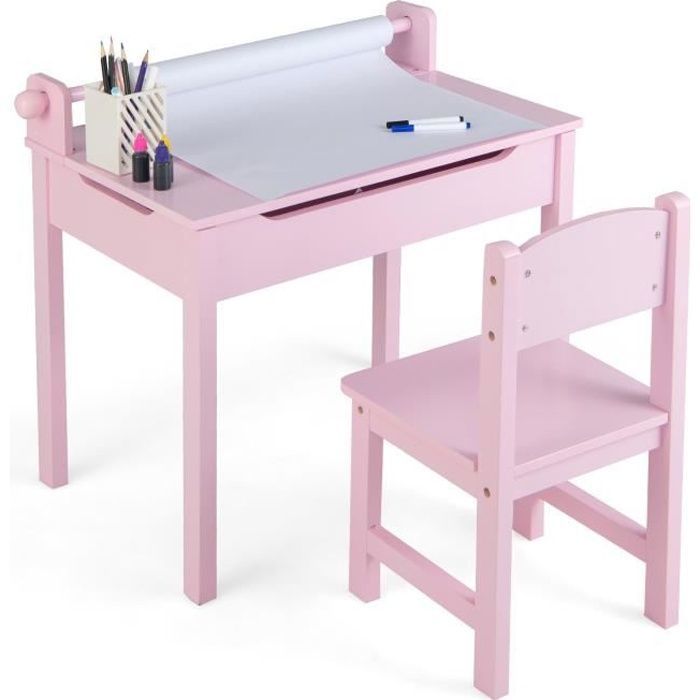 COSTWAY Bureau pour Enfants avec Chaise Rouleau de Papier Plateau Rabattable (Rangement Caché)en Bois pour 3+ Ans Rose