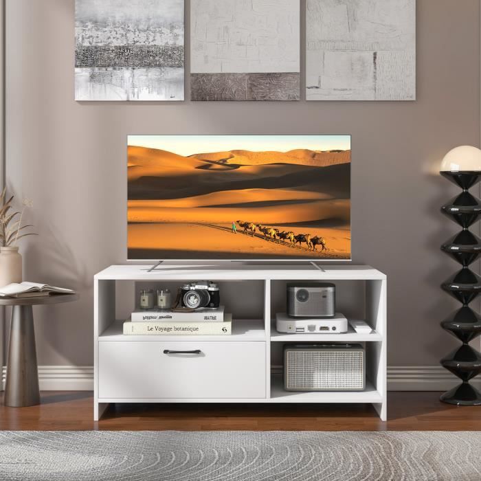 costway 50" meuble tv avce avec tiroir et 3 compartiments, pour salon, chambre, salle, blanc , 104,5 x 51,5 x 52 cm