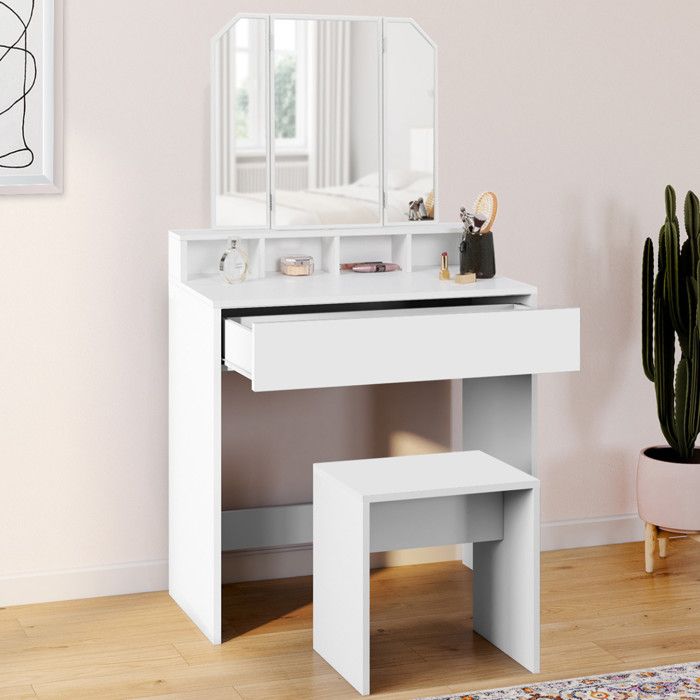 IDMARKET Coiffeuse ZELIA 3 miroirs avec 4 niches 1 tiroir et tabouret IDMARKET Coiffeuse ZELIA 3 miroirs avec 4 niches 1 tiroir et tabouret