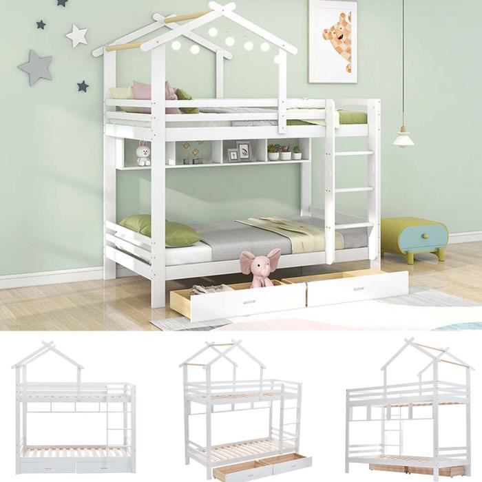 Lit superposé - Maison - 90x200cm - Bois de pin - Blanc - Avec tiroirs et étagères Lit superposé - Maison - 90x200cm - Bois de pin - Blanc - Avec tiroirs et étagères