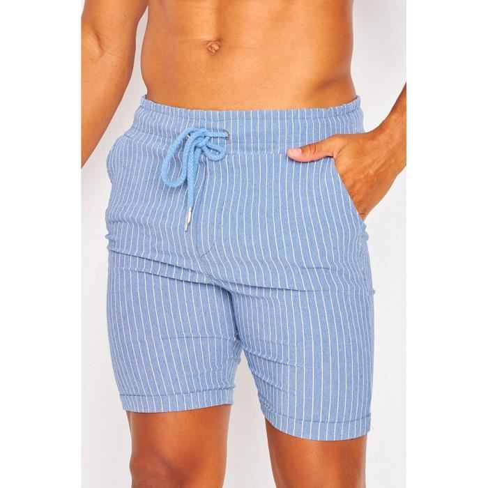Short fluide en coton bleu pastel à rayures et taille élastique