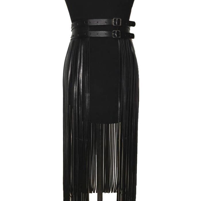 Portejarretelle,Jupe longue en cuir PU pour femme,jupe à franges,jupe