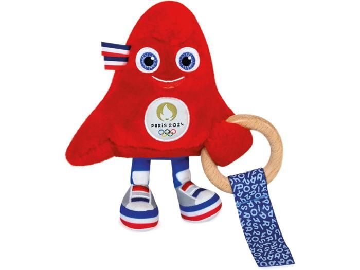 Hochet mascotte jeux olympiques 2024 avec anneau en bois 17 cm
