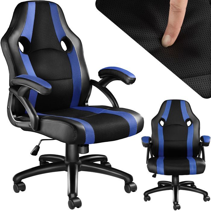 Chaise de bureau - TECTAKE - Fauteuil de gamer BENNY avec rembourrage épais et revêtement en cuir synthétique - Noir/Bleu