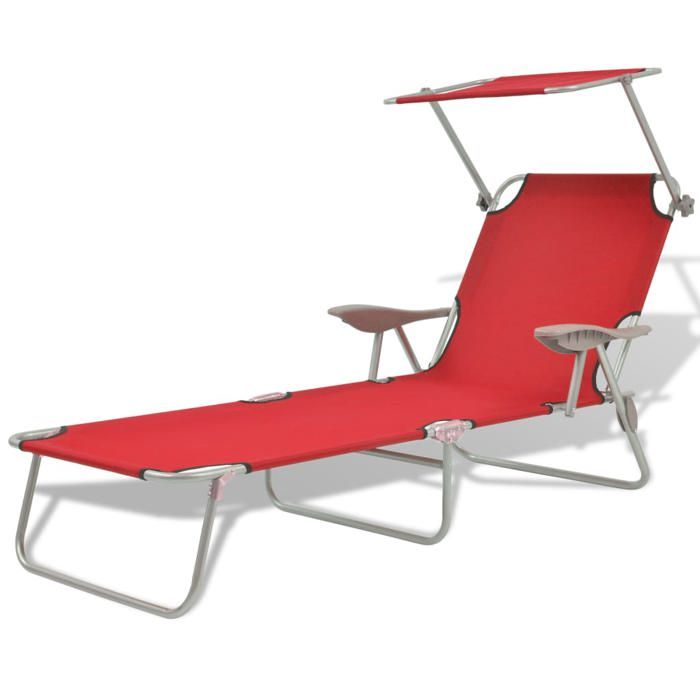 Chaise longue avec auvent - vidaXL - Rouge - Pliable - Acier enduit de poudre - Meuble de jardin