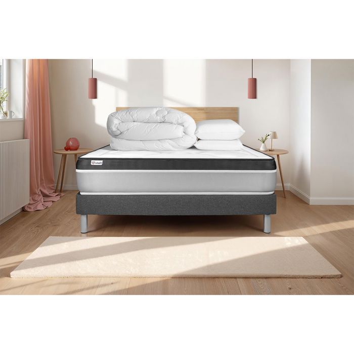 Pack lit complet 140x190 cm - Matelas + Sommier Gris (en kit) + 2 oreillers + Couette - Vital Ergo Gris Pack lit complet 140x190 cm - Matelas + Sommier Gris (en kit) + 2 oreillers + Couette - Vital Ergo Gris
