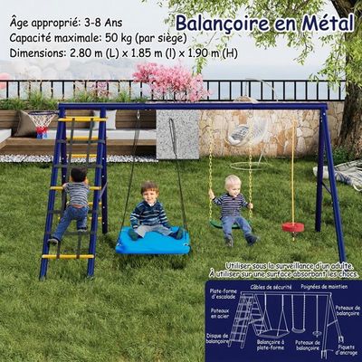 Portique Balançoire Extérieur Multi-activités - Set de 3 Balançoires avec Mur d'Escalade et Panier de Basket - Aire de Jeux Jardin pour Enfants