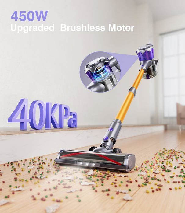 Aspirateur Balai Sans Fil 450W/40Kpa,50 Minutes Autonomie