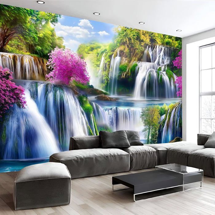Papier Peint Panoramique Nature Scène 350x256cm Cascade Fleurs Poster ...