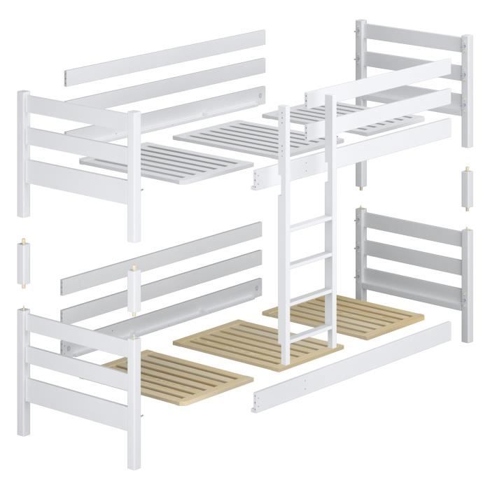 Lit Superposé Enfant Modulable 2 En 1 - Pin Massif, 90x200 Cm - Séparable En 2 Lits Simples - Pour Chambre Ado Ou Partagée - 9