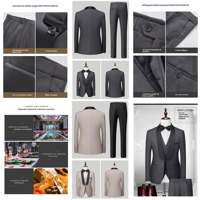 TDEOK Pull Slim 3 Pièces Costume Business Mariage Fête Veste