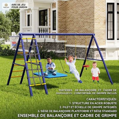 AIYAPLAY Portique de balançoire 3 en 1 Portique de balançoire extérieur avec 2 balançoires, panier de basket, but de football, balançoire pour enfants avec structure métallique, balançoire de jardin