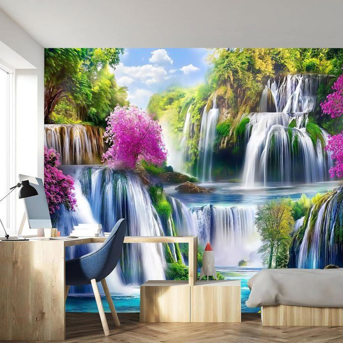 Papier Peint Panoramique Nature Scène 350x256cm Cascade Fleurs Poster ...