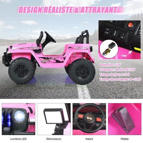 Dreamade Voiture électrique 12V Pour Enfants 3-8 Ans – Télécommande 2,4G, 2 Places, Démarrage Lent, Sons Et Lumières, Charge 59 Kg