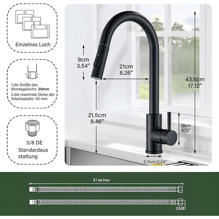Mitigeur De Cuisine Noir Extensible - Robinetterie Inox Pivotante - Neuf