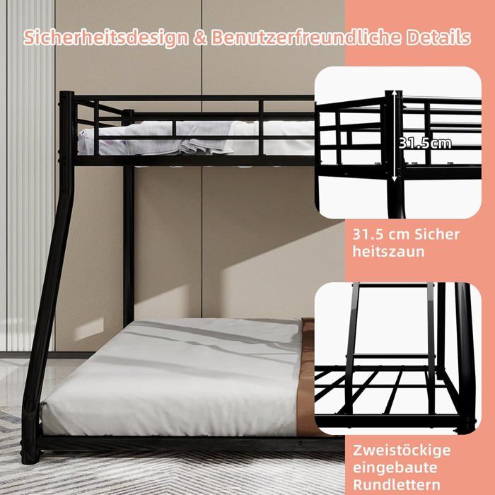 Lit Superposé Métal Enfant/ado – Lit Cabane 90×190 Haut, 140×190 Bas – Échelle Et Barrière De Sécurité