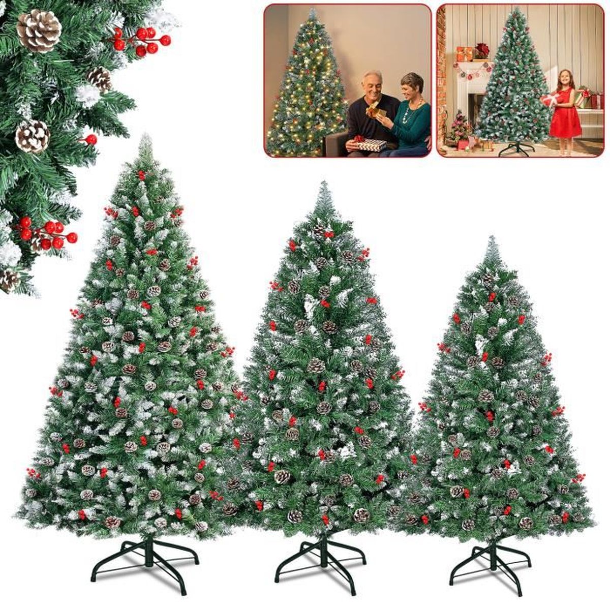 Sapin De Noël Artificiel Avec Neige Et Guirlande LED Intégrée | 8 Modes D'éclairage, Support Métal
