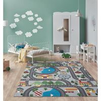 the carpet Happy Life - Tapis de jeu pour chambre d'enfant avec rues, villes et voitures, lavable, gris, 160 x 220 cm rounde