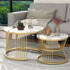 TABLE BASSE Ensemble de table basse 2 pièces, 70x70x45cm + 45x45x40cm, placage en marbre doré blanc, forme ronde emboîtée, multifonctionnelle