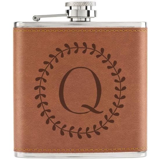 Gourde En Acier Inoxydable 6 Oz Avec Manchon En Cuir PU - Design "Crazy Lapin" - Hauteur 9,5 Cm, Couleur Fauve